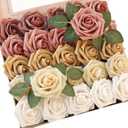 Floroom Artificial Flowers 25pcs Real Looking Burnt Orange Ombre Colors Foam Fake Roses with Stems for DIY Wedding Bouquets Bridal Shower Centerpieces Floral Arrangements Party Tables Home Decorations