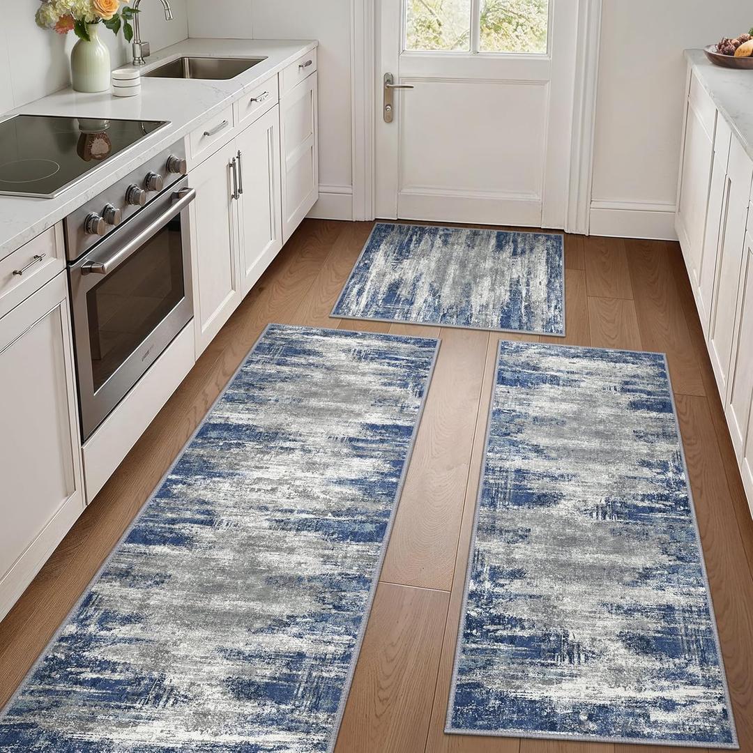 GENIMO Kitchen Rugs Sets of 3 Non Slip Washable Kitchen Mats for Floor, Waterproof Abstract Kitchen Runner Rug, Floor Mat Carpet for Hallway, Laundry, Sink, Entryway, Bathroom, Blue & Ivory (20"x32"+20"x48"+20"x59")