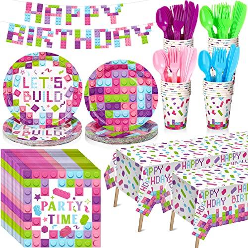 Gejoy 171 Pcs Building Block Birthday Party Supplies Tableware Kit Include Plates Cups Knives Forks Spoons Napkins Tablecloths Banner for Girls Birthday Party Decoration Serve 24 Guest (Sweet Color)
