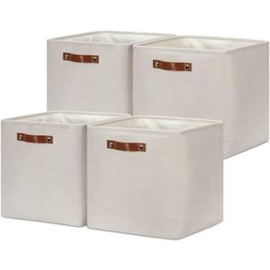 Storage Bins, 4 Pack Of 13x13x13 Decorative Storage Cube Bins Suit Office, Home, Shelves And Closet, Cube Storage Bin with Leather handle(6 Pack - 13" Beige)