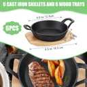 Nuogo 6 Sets Mini Cast Iron Skillet Mini Cast Iron Plates Skillet with Wooden Base Small Round Fajita Plate iron Pan Pot for Cooking Party(4.9 Inches)