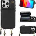 Bocasal Crossbody Wallet Case for iPhone 15 Pro, RFID Blocking Leather Purse Case with Card Holder, Protective Handbag Flip Cover with Zipper Wrist Strap Lanyard for Women 5G 6.1 Inch (Black)