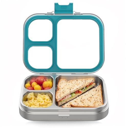 HOMEKOL Stainless Steel Lunch Box, 3 Compartments Metal Bento Box for Kids Adults, Leak-Proof Lunch Box for School Office, Dishwasher Safe, BPA-Free, Tritan Lid, Blue