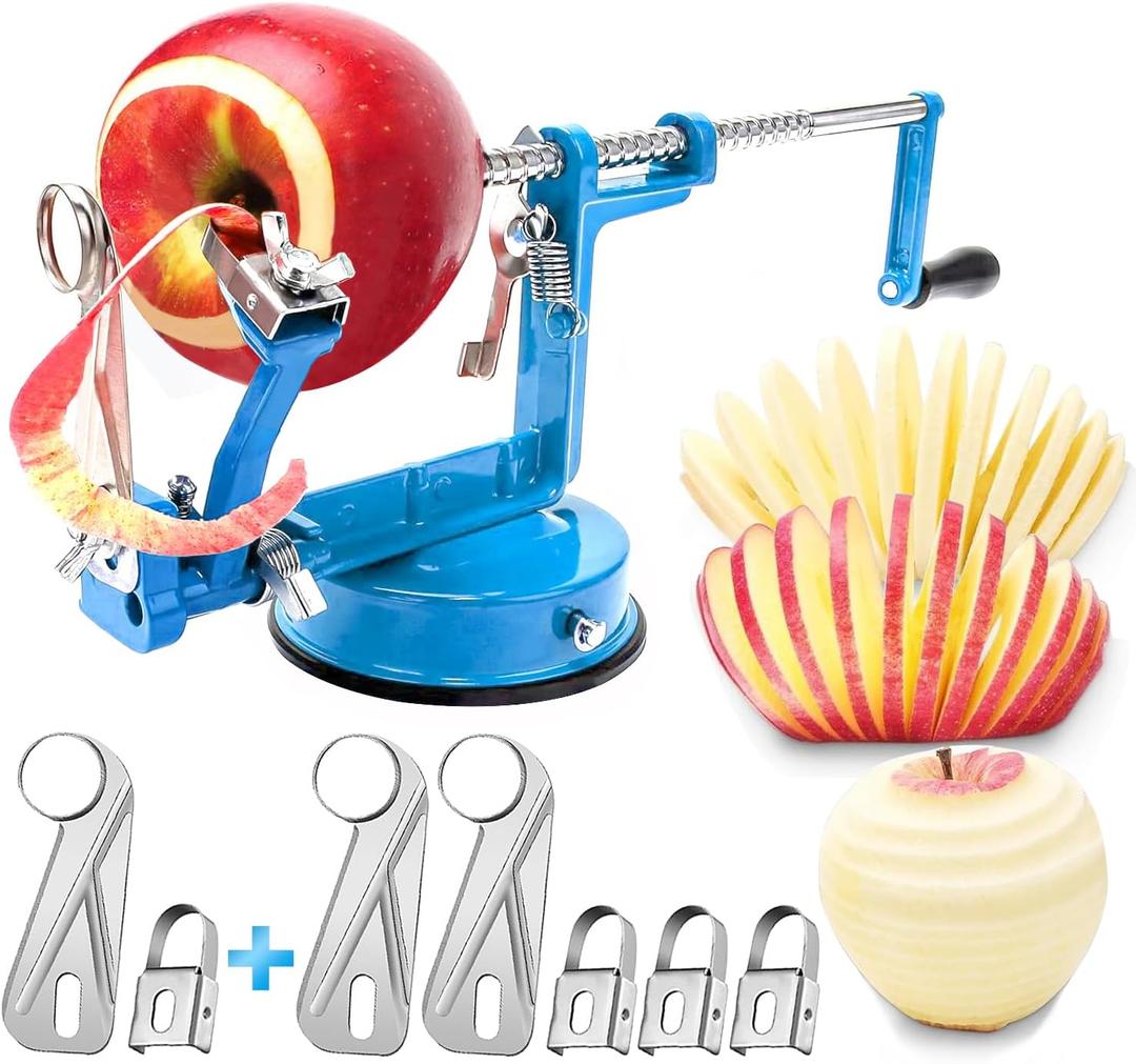 Apple Peeler Corer, Long lasting Chrome Cast Iron Apple Peeler Slicer Corer with Stainless Steel Blades and Powerful Suction Base for Apples and Potato(Blue)