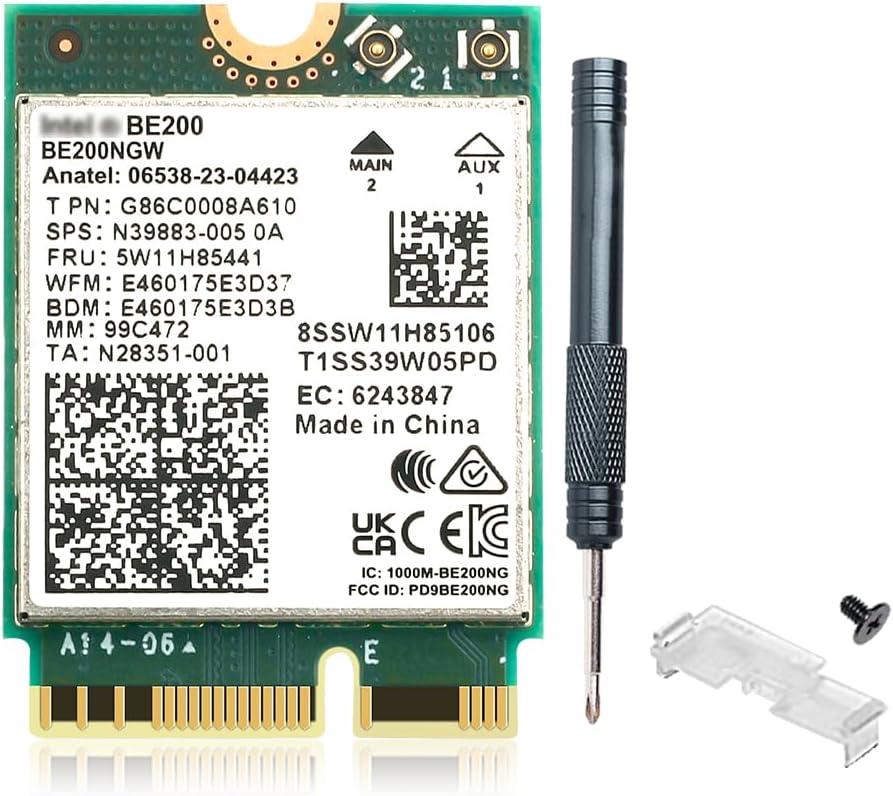WiFi 7 Card BE200 M.2 Key E Tri-Band 6GHz/5GHz/2.4GHz Up to 5.8Gbps BT 5.4 Compatible with WiFi 7/6E/6/5 Routers for Windows 10/11 (Not Supported on AMD Motherboards)