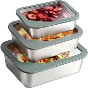 Stainless Steel Food Storage Container with Glass Lids, 3 Pack Nested Lunch Boxes, Airtight Lid Food Container for Sandwiches, Snacks, Meal Prep and Kitchen Storage (Green)