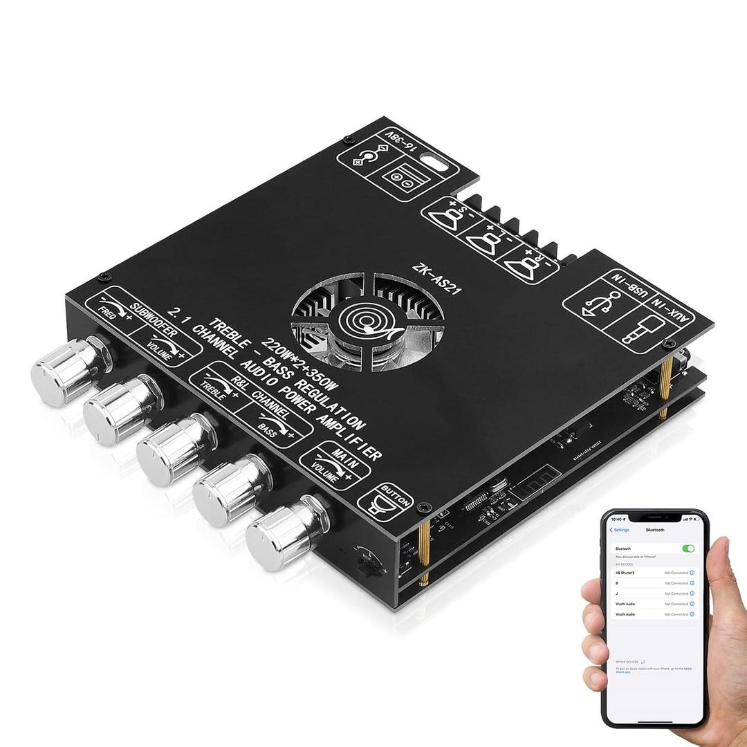 Bluetooth 5.1 Audio Amplifier Board, ZK-AS21 2.1 CH 220W x 2 + 350W HiFi Subwoofer Power Amp Mini Digital Audio Amp Module for Home Speakers(30-220W, 3-8Ohms), DC 16-38V, BT USB AUX Input