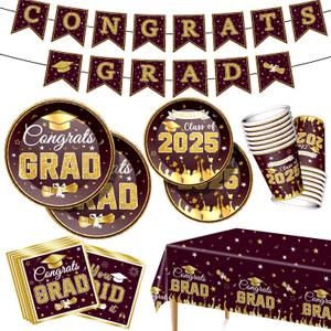 2025 Graduation Party Decorations Graduation Decoration 2025 Maroon Disposable Grad Tableware Set Plates, Cups, Napkins, Tablecloth and Banner for Congrats Grad Class Of 2025, Serves 24