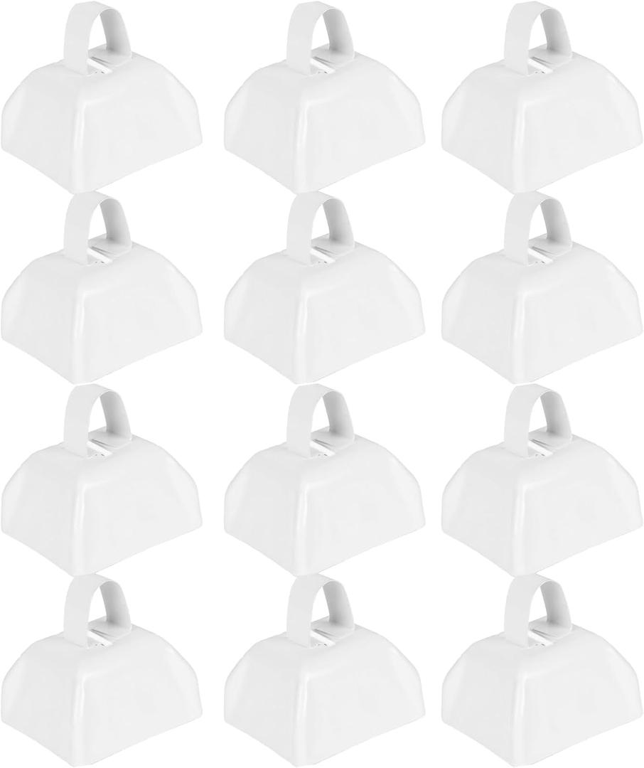 Cow Bells Noise Makers for Sporting Events: 12 Pcs Small White Cowbells with Handle Loud Bells Bulk - Metal Cheering Bell Hand Percussion for Football Games Graduation Weddings - White