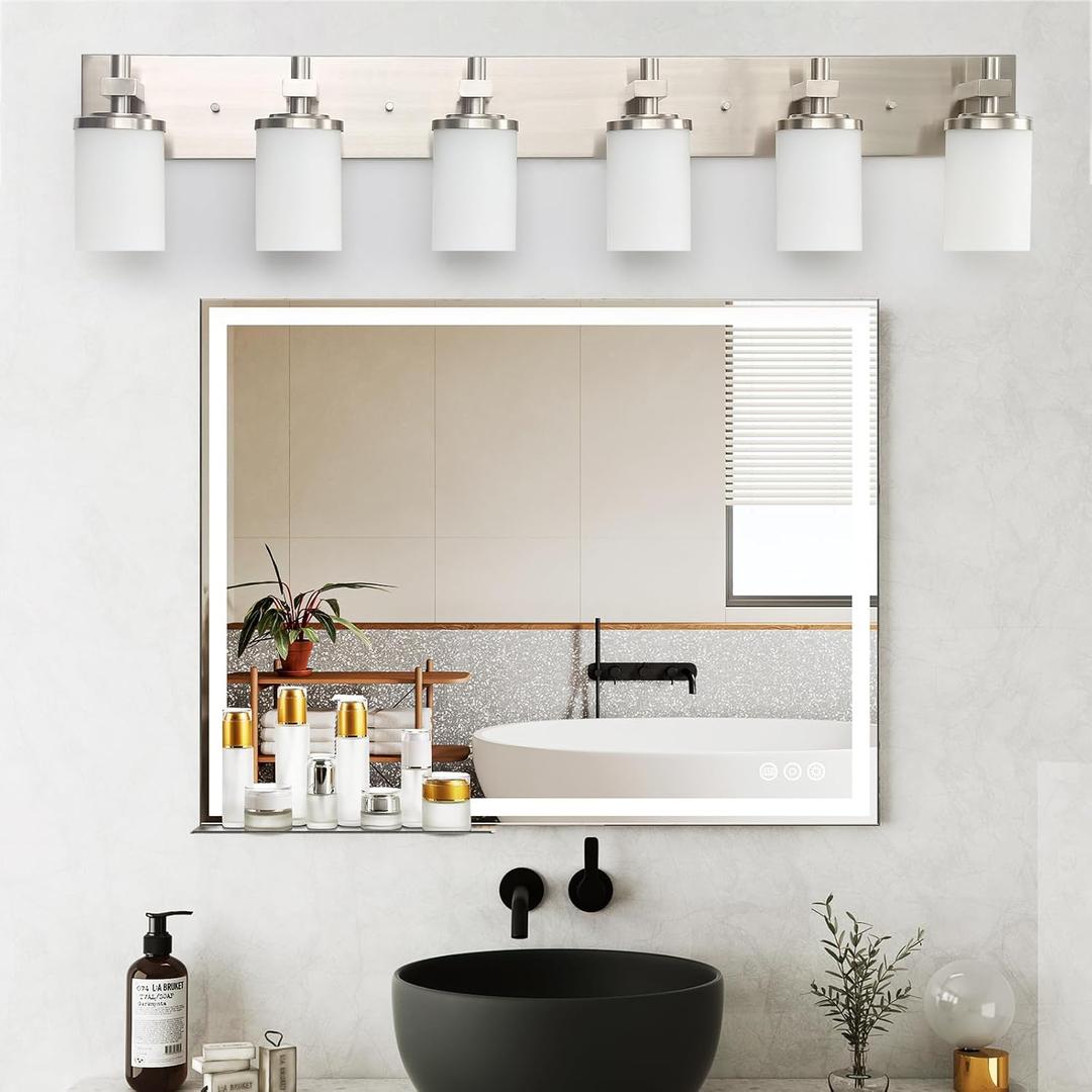 LOUSACE Bathroom Lighting Fixtures Over Mirror Brushed Nickel 6 Light Bathroom Vanity Lights with Opal White Glass Shades, Modern Vanity Wall Sconces Fixture for Bedroom Living Room