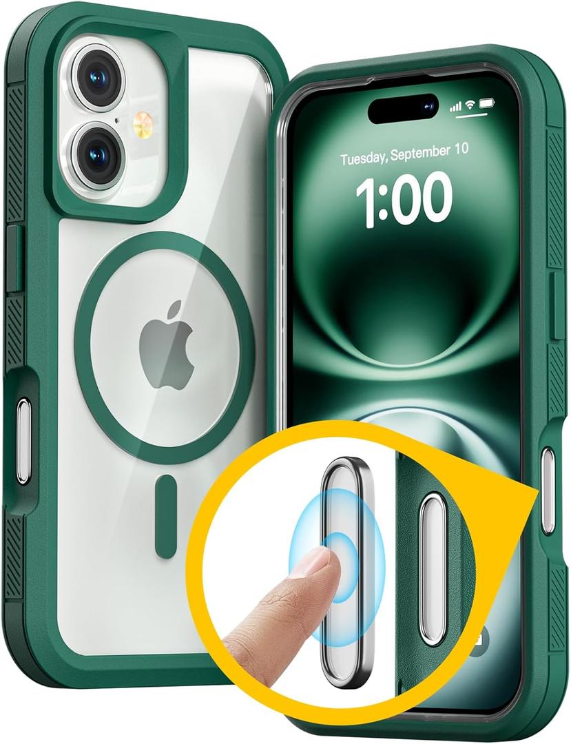 for iPhone 16 Plus Case with Camera Control Capture Button, Compatible with MagSafe, Heavy Duty Shockproof Protection, Transparent Magnetic Phone Case for iPhone 16 Plus, 6.7 inch, Green