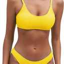 Fanuerg Women's Ribbed Bikini Sets Scoop Neck Cheeky Swimsuit Textured Two Piece Bathing Suit (Medium, Yellow)