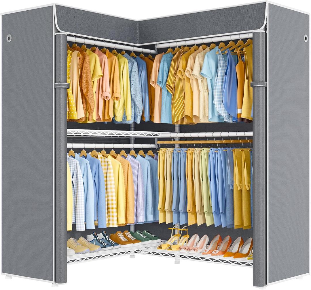 ULIFHOME E15C Pro Garment Rack L Shaped Clothes Rack for Corner，Freestanding Clothing Racks for Hanging Clothes，Heavy Duty Closet System 48.8"W x 15.8"D x 78.4"H，White Rack with Grey Dustproof Cover