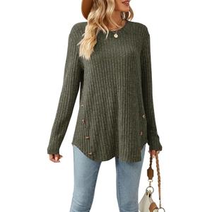 Lafural Womens Long Sleeve Tops Tunic Fall Shirts Women Sweaters Crew Neck Button, Green, M