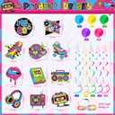 2 x Skyygemm 56 Pcs 80s Hanging Decorations with Lights Back to the 80's Hanging Swirls Retro Hip Hop Paper Cutouts Neon Rock Hippie Music Record Disco Ceiling Streamers for Home Birthday Party Supplies