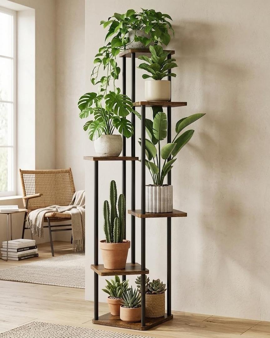 GENTINGBRO Corner Plant Stand Indoor Tall Plant Stand Brown 6 Tier | Plant Shelf for Multiple Plants Tiered Plant Stand Wood Plant Stands Metal Shelving for Living Room Bedroom Balcony Patio