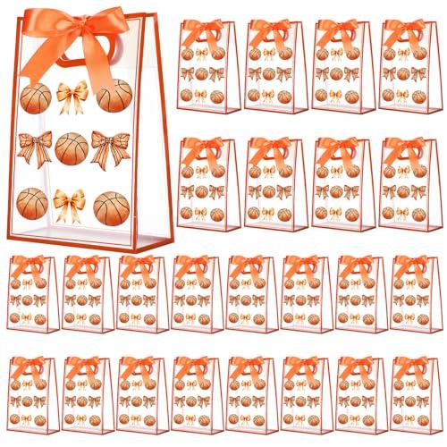 Sunnymove Clear Plastic Gift Bags with Die Cut Handles 10.2 x 7.1 x 3.1 Inch Reusable Clear Goodie Snack Gift Bags with Ribbon Sport Team Party Supplies for Women(24 Pcs,Basketball Bow)