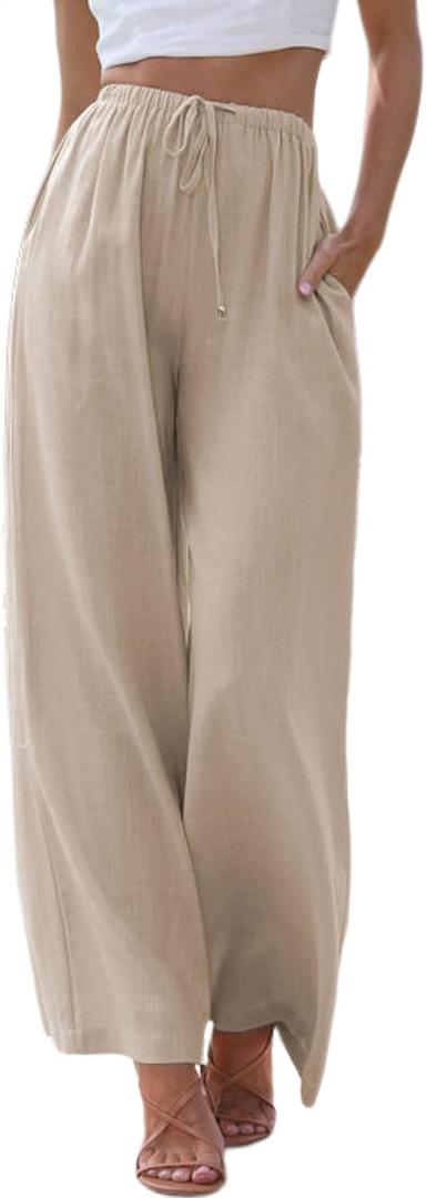 Himosyber Women Cotton Linen Pants Wide Leg High Waist Flowy Summer Beach Drawstring Pant Trouser (Beige, S)