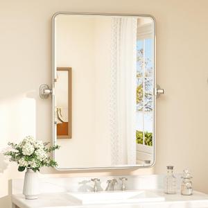 TETOTE Satin Nickel Pivot Mirror for Bathroom 20 x 30 Silver Tilt Rectangle Metal Framed Vanity Mirror, Modern Farmhouse Adjustable Tilting Beveled Rounded Corner Wall Mirror, Horizontal/Vertical (30"L x 20"W)
