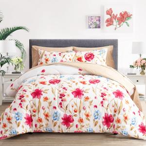 6 Piece Bed in a Bag Twin, Colorful Flower Golden Leaves Botanical Design, Microfiber Bedding Comforter Set for All Season (1 Comforter, 2 Pillow Shams, 1 Flat Sheet, 1 Fitted Sheet, 1 Pillowcase)