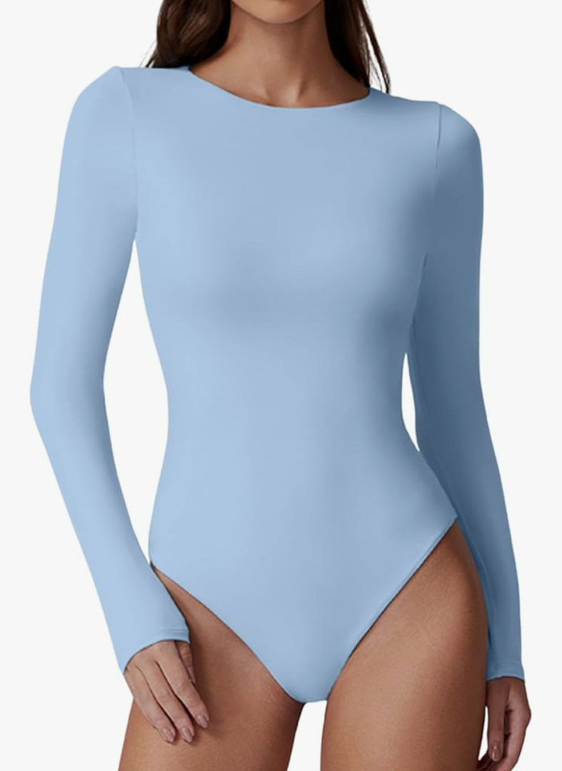 QINSEN Womens Crew Neck Long Sleeve Bodysuit Double Lined Body Suits Basic T-Shirt Tops ,Size L