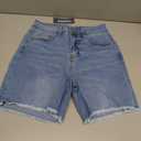 luvamia FleXclusive Jean Shorts for Women Trendy High Waisted Stretchy Denim Summer Casual Raw Hem Mom Long Cutoff Jorts High Waist Shorts Lakeside Blue Size Small Fits US 4-6