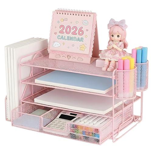 Metal Desktop File Organizer Multi Tier Pull Out Document Tray Office Desk Storage Rack for Files Paper and Stationery Durable Iron Mesh Pink 1 Pack