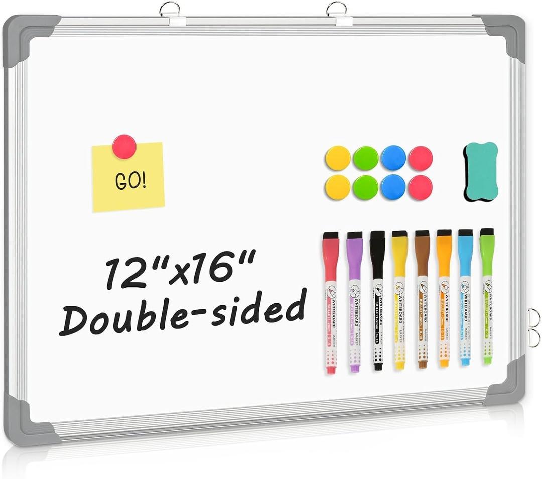 Double-Sided White Board, 16" x 12" Dry Erase Board Small Whiteboard for Wall Magnetic Hanging White Board Dry Erase for College Dorm Room, School, Home, Office