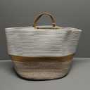 Mkono Woven Storage Basket Decorative Natural Rope Basket Wooden Bead Decoration for Blankets,Toys,Clothes,Shoes,Plant Organizer Bin with Handles Living Room Home Decor, 16"W13.8"L, White and Brown