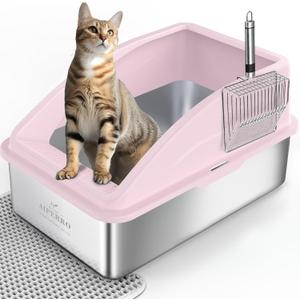 AIPERRO Stainless Steel Litter Box | XL Enclosed Cat Litter Box with Lid for Big Cats | High Sided, Anti-Urine Leakage | Non-Stick Bottom & Includes Litter Mat & Metal Scoop | Cute Pink, Size: X-Large