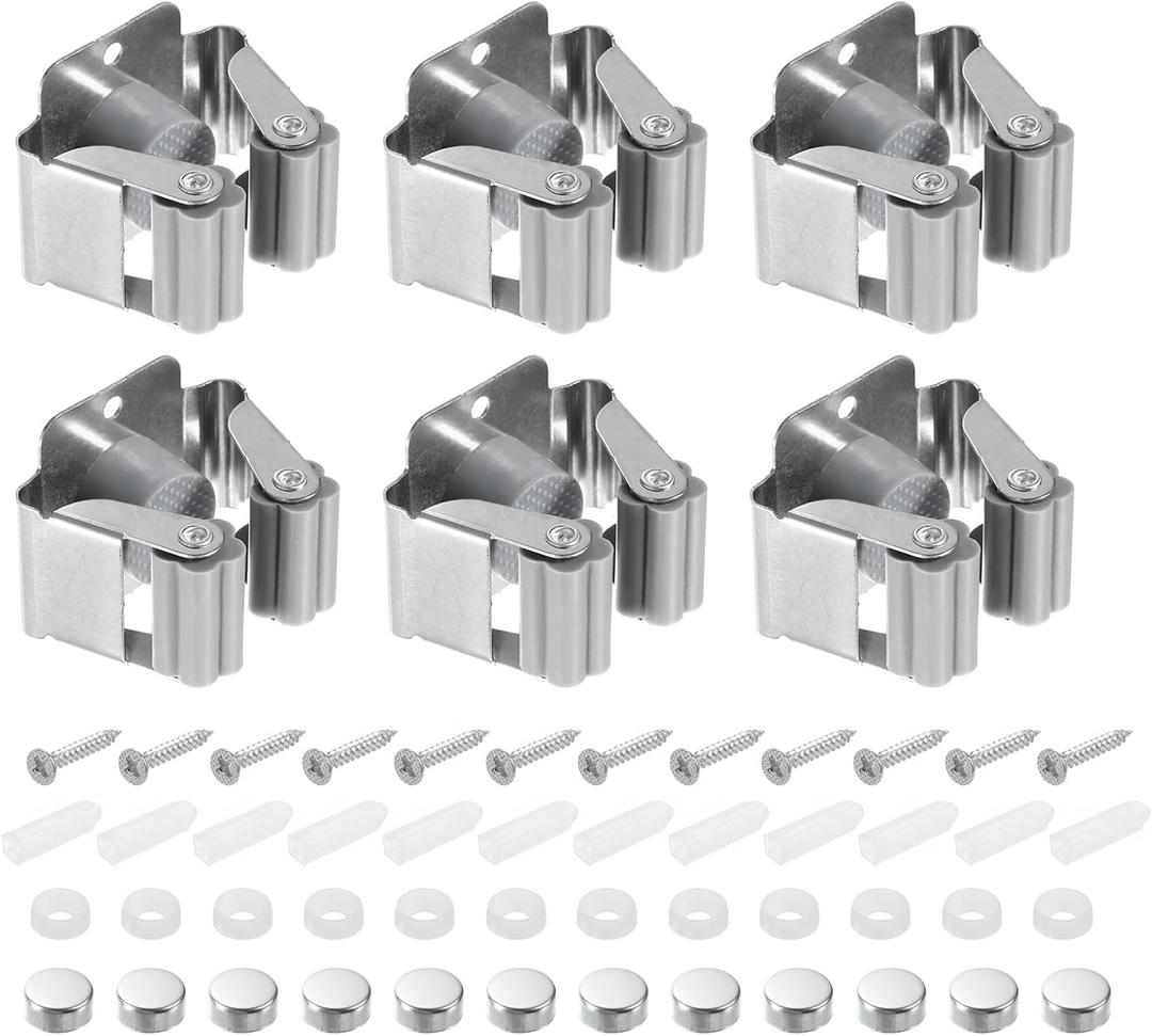uxcell 12pcs Mop Broom Holder Wall Mount, 304 Stainless Steel Mop and Broom Holder, Wall Mounted Broom Hanger for Bathroom, Kitchen, Office, Grey