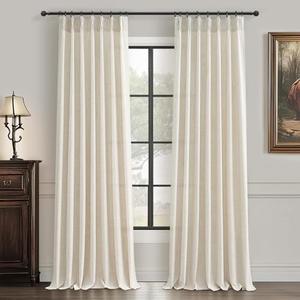Pinch Pleated Semi Sheer 100 Inch Curtains, Pretty Neutral Cream Ivory Flax Linen Decorative Light Filtering Curtains & Drapes with Hooks Rings 2 Panels for Living Room Bedroom Birch 40"Wx100"L Inches