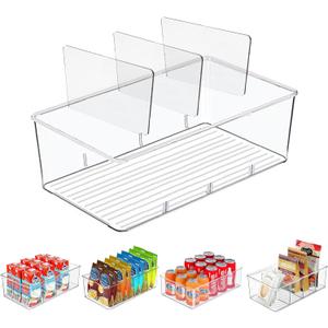 5 Pack Pantry Organizer with Removable Dividers, Snack Organizer for Pantry, Chip,Clear Acrylic Food Storage Bins for Kitchen, Fridge, Cabinet,Packets, Pouches