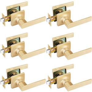 EHOMEWARE 6 Pack Brushed Brass Door Handles Gold Interior Door Knobs, Keyless Passage Door Levers for Hallway or Closet, Reversible Handing