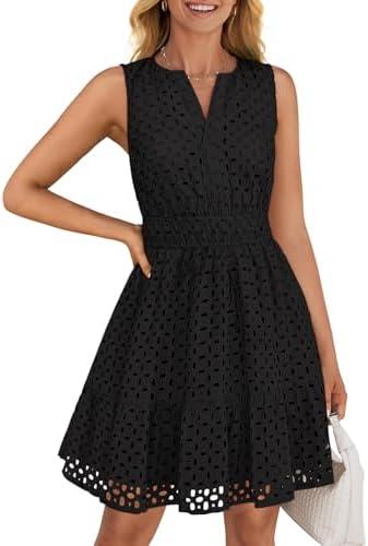 ZESICA Women's Summer Sleeveless Mini Dress V Neck Hollow Out Eyelet High Waist A Line Swing Short Party Dresses, Size XL