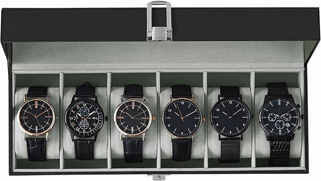 SONGMICS Watch Box, 6-Slot Watch Case Organizer with Large Glass Lid, Removable Pillows, Gift for Loved Ones, Black Synthetic Leather, Greenish Gray Lining UJWB06BK (1 layer)