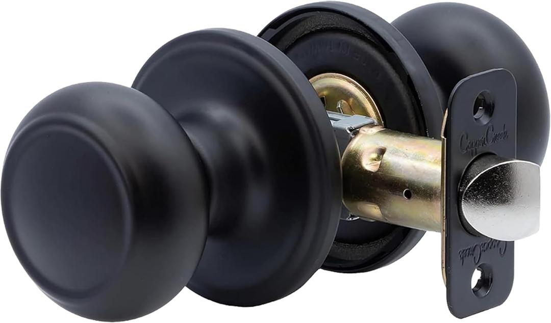 Copper Creek Matte Black Door Knobs - Round Colonial Knob, Non-Locking Passage Handle, Keyless Lockset, Fits All Standard Doors for Home Improvement, Hallway, Closet, Bedroom, Bathroom, 1 Pack