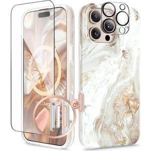 GVIEWIN for iPhone 16 Pro Case Compatible with MagSafe, with Screen & Lens Protectors, Military-Grade Protection Slim Marble Shockproof Magnetic Phone Case for 16 Pro 6.3", Pearlescent/Gold