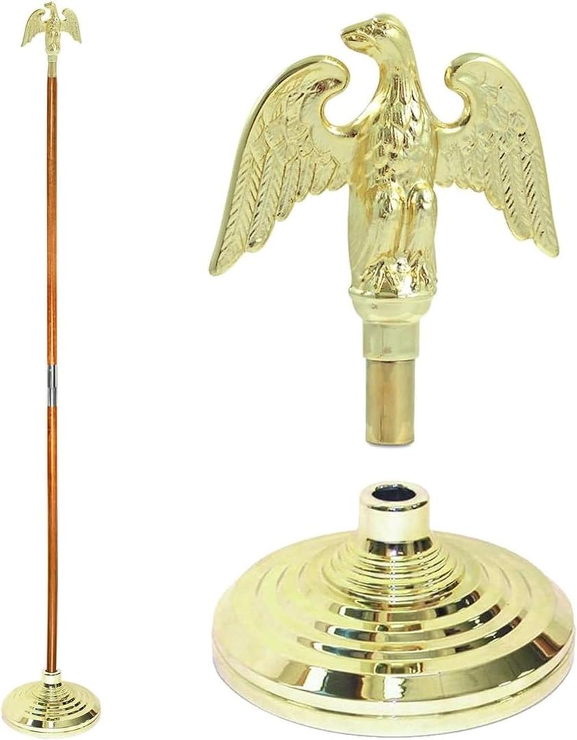 Super Tough Indoor Flagpole Kit, Metal Eagle, No Flag Gold-colored Base and Brass-finished Aluminum Fittings for Offices, Schools, Meeting Rooms and Ceremonial Spaces.