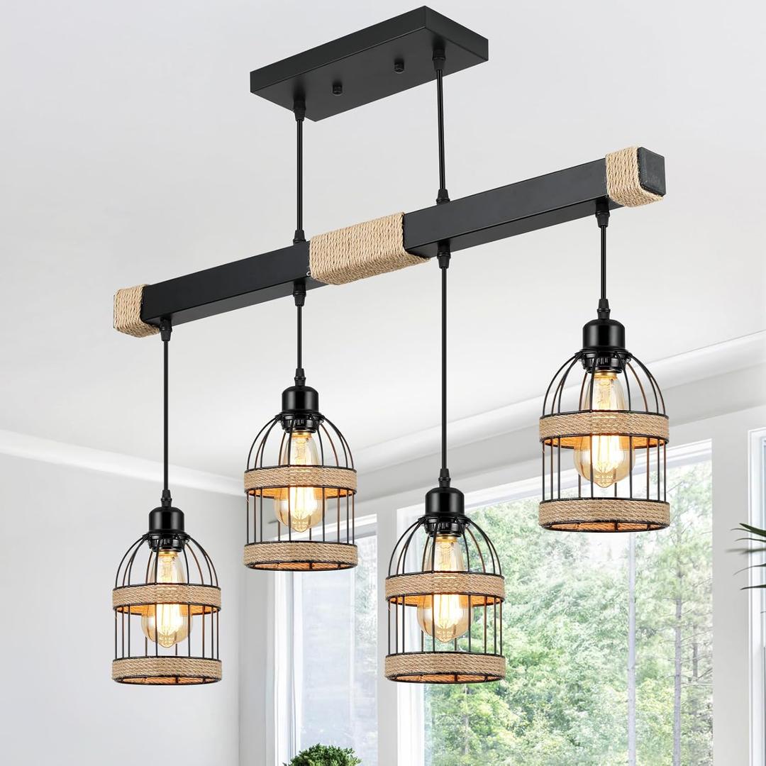 Black Farmhouse Chandeliers for Dining Room Light Fixtures/Chandelier Over Table, 4-Light Rattan Kitchen Island Lighting Fixture, DIY Hanging Lighting for Dining Room, Kitchen Island, Bar