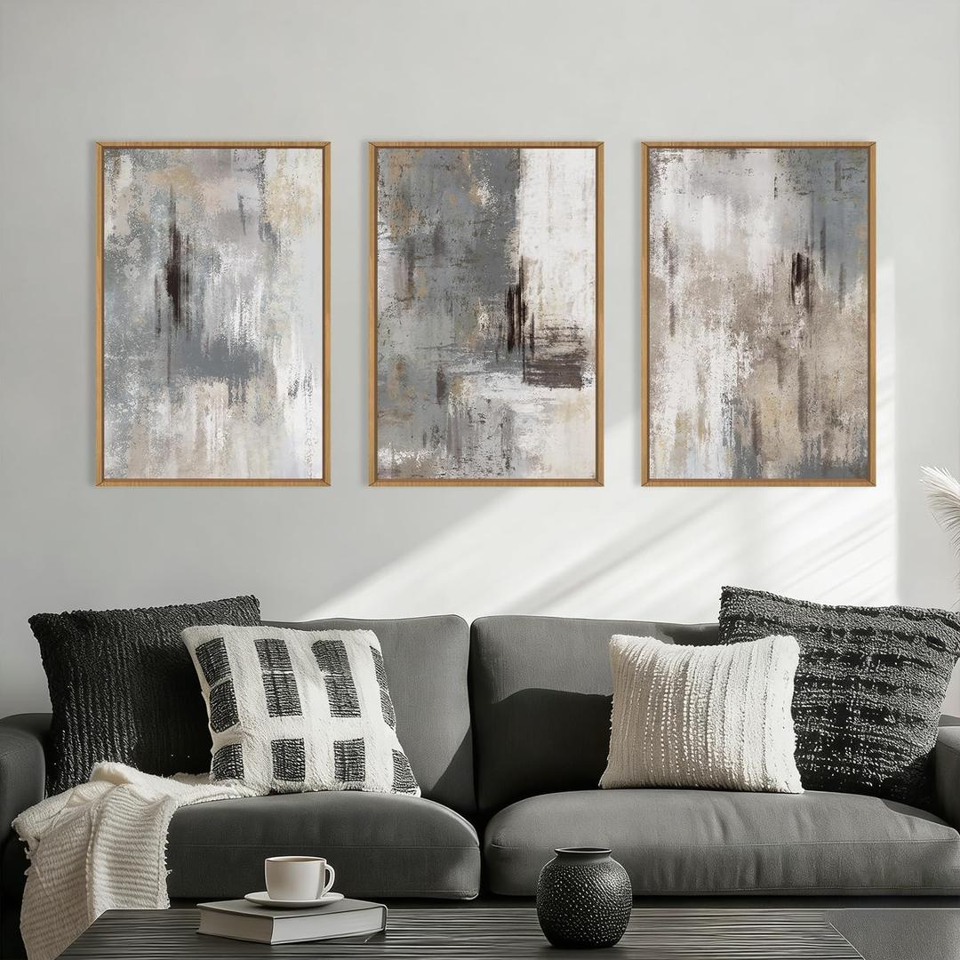 Aryroi Large Abstract Grey and Beige Framed Canvas Wall Art,Neutral Brush Stroke Wall Decor,Natural Modern Color Block Artwork,Minimalist Nordic Art Print for Living Room,Bedroom,Office- 24"x36"x3