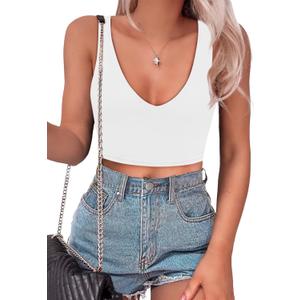 SAUNGKUAI Womens Summer Slim Fitted Sexy Deep V Neck Sleeveless Backless Double Lined Crop Tank Tops (Large), White