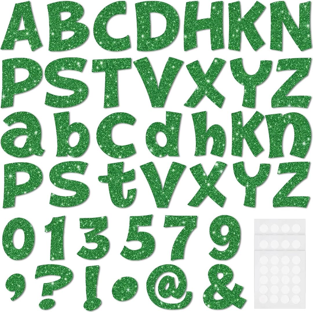 Colarr 216 Pcs Glitter Bulletin Board Letters for Classroom Number Alphabet Punctuation Symbol Cutout 4'' Die-Cut Poster Letter with Adhesive Dot School Graduation Party Summer Decor Display(Green)