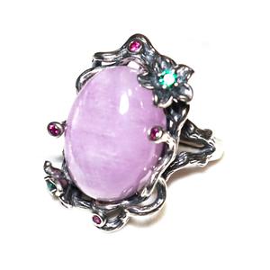 Kunzite Ring, Adjustable 925 Silver Handmade Ring, Medium 13x18 Oval Kunzite Statement Jewelry Retro Style - Flower