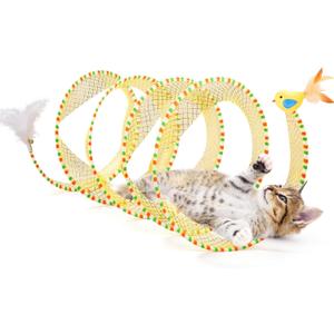 Potaroma Spiral Tunnel Cat Toy, Self Play Cat Play Spiral Kitten Collapsible Spring Tunnel Toy for Indoor Cats with Feather and Bell, 20 Inches Unfolded