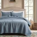 WDCOZY 100% Cotton Queen Size Quilt Set - Blue Striped Pick Stitch Soft Lightweight Bedspread, Textured Like Linen, Farmhouse Country Rustic Coverlet, Shabby Chic Gauze Bedding, Dusty blue
