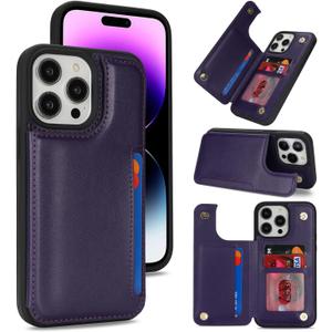 iCoverCase Compatible with iPhone 14 Pro Max Phone Case with Card Holder, Wallet Case for Women Men RFID Blocking PU Leather Protective Case 6.7 Inch (Dark Purple)