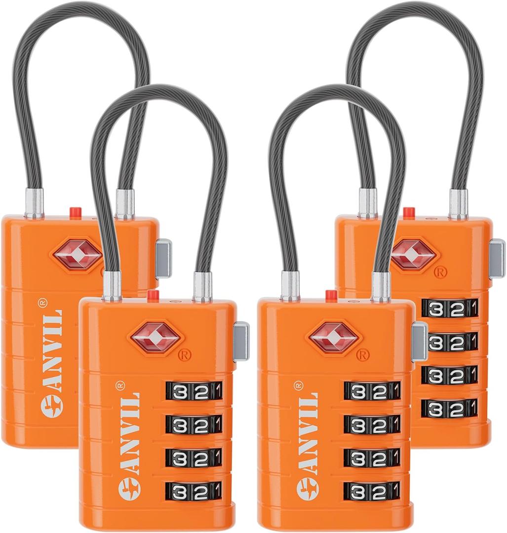 ANVIL TSA Approved Luggage Locks with Search Alert Indicator, 4-Digit Combination Suitcase Lock, Advanced TSA008 Core Heavy Duty Anti-Theft Travel Lock for Double Zippers, Backpacks (4, Orange)