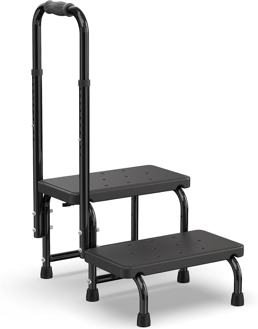 Suteck 2 Step Stool with Handle for Elderly - 6 Legs Welded Frame 10 Adjustable Height Safety Step Stool for Adult, Non-Slip for Bathroom, Bedside, Kitchen & RV Use, 450LBS, Black