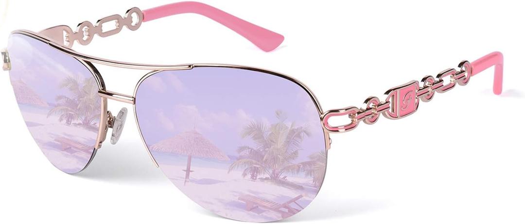 FONHCOO Aviator Sunglasses for Women Pink Mirrored Lens UV Protection Round Metal Frame Vintage Eyewear